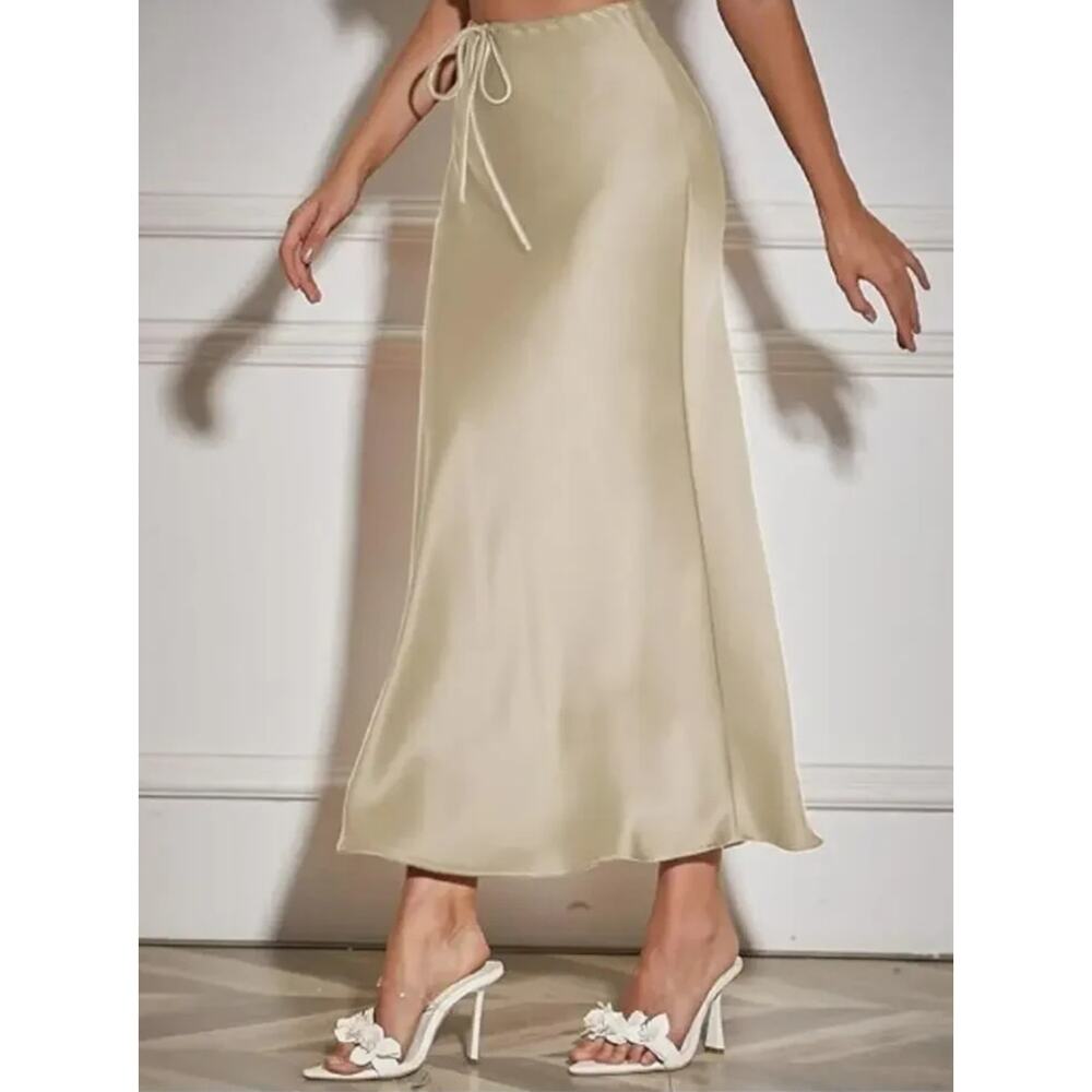 Women's Maxi Skirts Satin Drawstring High Waisted Silk Elegant Flowy Casual - Picture 4 of 4